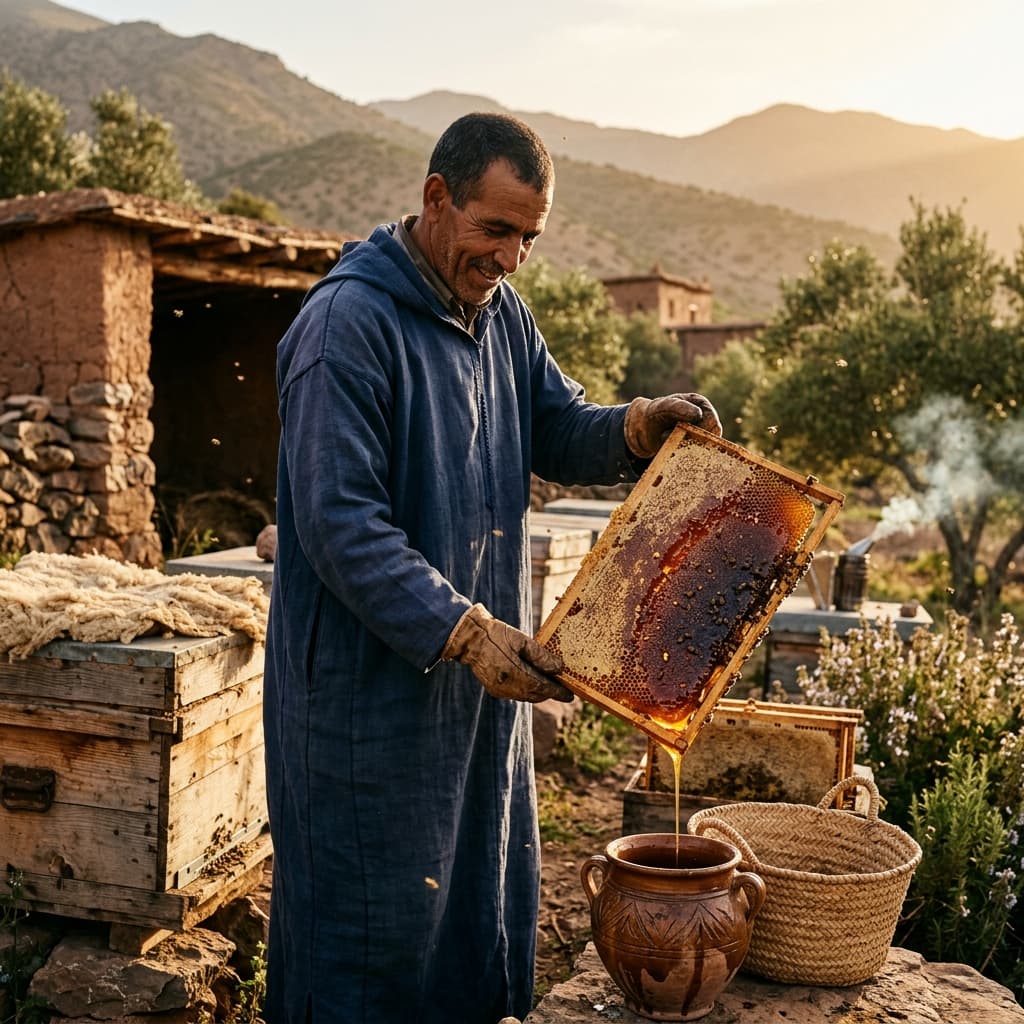 Moroccan beekeeper harvesting honey in the Atlas